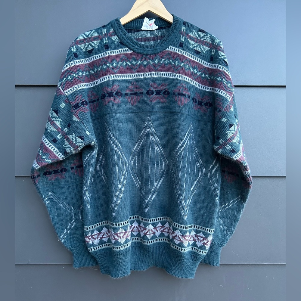 Vintage Geometric/Aztec Patterned Sweater - Green/brown/grey - Oversized XL